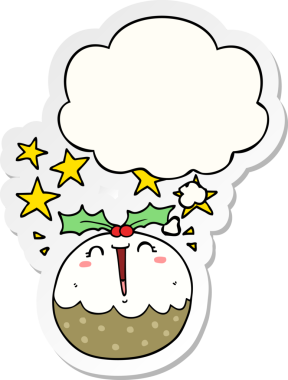 Mutlu noel pudingi. Düşünce baloncuğu insan tarafından çizilmiş bir çıkartma.