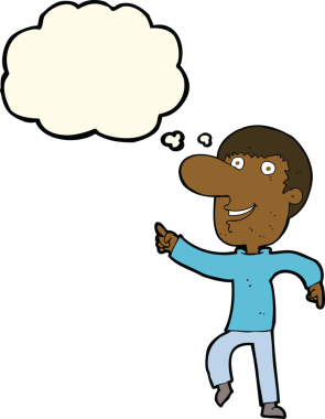 Bir insan tarafından çizilmiş düşünce baloncuğuyla dans eden mutlu adam çizgi filmi.