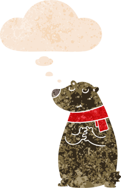 Düşünce baloncuklu bir eşarp takan çizgi film ayısı bir insan tarafından çizilmiş dertli retro stili.