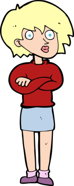 Bir insan tarafından çizilmiş çapraz kollu bir karikatür kadın.