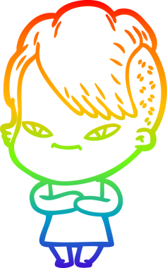 Gökkuşağı gradyan çizimi. Hipster saç kesimi bir insan tarafından çizilmiş şirin bir çizgi film kızı.