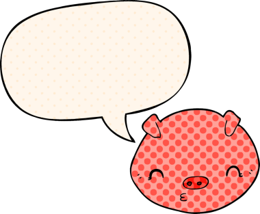 Bir insan tarafından çizilmiş çizgi roman tarzında konuşma balonlu bir domuz.