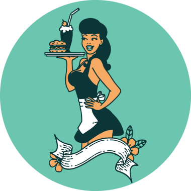 Geleneksel bir dövme. Bir insan tarafından çizilmiş pankartlı garson kız dövmesi.