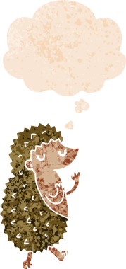 Düşünce baloncuğu ile çizgi film kirpisi grunge sıkıntılı retro dokuma bir insan tarafından çizilmiş