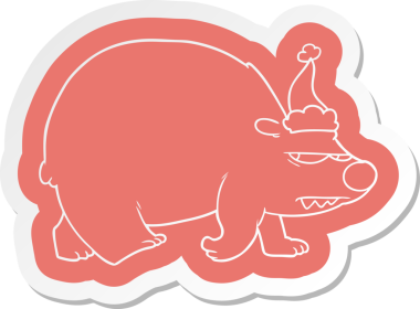 Bir insan tarafından çizilmiş Noel Baba şapkası giyen kızgın bir kutup ayısının garip karikatür çıkartması.