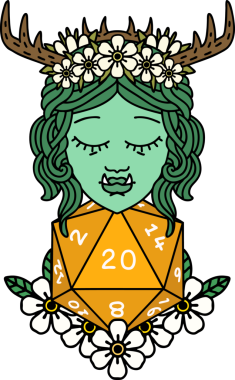 Retro Dövme Biçimi Yarı Ork Druid Bir insan tarafından çizilmiş 20 zar ile