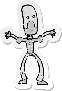 Bir insan tarafından çizilmiş komik bir robotun gerilimli çıkartması.