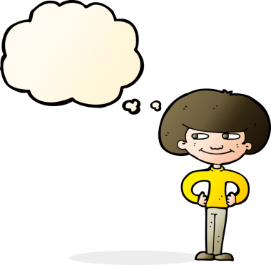 Çizgi film çocuğu, elleri kalçasında, düşünce baloncuğu çizen bir insan tarafından çizilmiş.