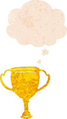 Düşünce baloncuklu çizgi film spor kupası grunge sıkıntı retro dokuma tarzı bir insan tarafından çizilmiş