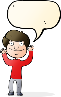 Bir insan tarafından çizilmiş konuşma balonu olan mutlu bir çocuk.