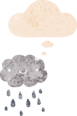 Düşünce baloncuğu ve grunge ile sevimli çizgi film bulutu bir insan tarafından çizilmiş sıkıntılı retro dokuma tarzı