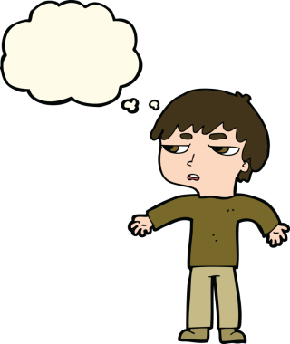 Bir insan tarafından çizilen düşünce baloncuğuyla sinirlenmiş bir çocuk.