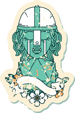 Retro Dövme Tarzı Ağlayan Ork Savaşçısı karakteri yüzü ve bir insan tarafından çizilmiş bir d20 rulosu.