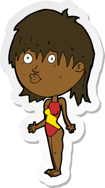 Mayolu bir kadının çıkartması. Bir insan tarafından çizilmiş omuz silkiyor.