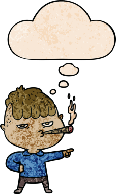 Düşünce baloncuğuyla sigara içen çizgi film adamı bir insan tarafından çizilmiş.