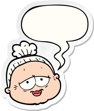 Bir insan tarafından çizilmiş konuşma balonu çıkartmalı yaşlı bir kadın.