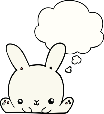 Bir insan tarafından çizilmiş düşünce kabarcığı olan çizgi film tavşanı.