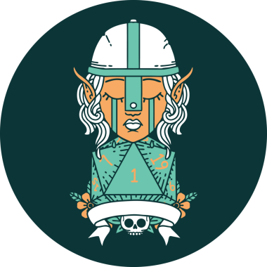 Ağlayan elf dövüşçüsü karakteri yüzü ve bir insan tarafından çizilmiş doğal bir D20 rulosu.