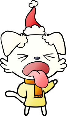 Eşarp takan ve Noel Baba şapkası takan bir köpeğin el çizimi karikatürü.