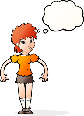 Bir insan tarafından çizilmiş düşünce baloncuğu olan meraklı bir kadın.