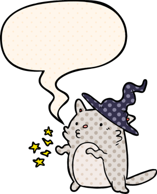 Bir insan tarafından çizilmiş çizgi roman tarzında konuşma baloncuğu olan büyüleyici bir çizgi film kedi sihirbazı.