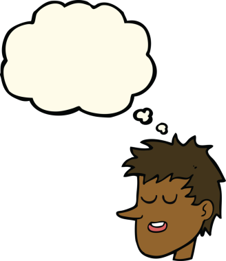 Bir insan tarafından çizilmiş düşünce baloncuklu mutlu çocuk yüzü.