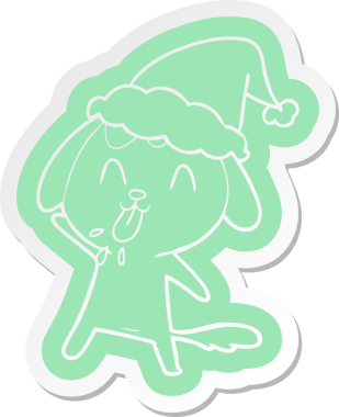 Bir insan tarafından çizilmiş Noel Baba şapkası takan bir köpeğin komik çizgi film çıkartması.