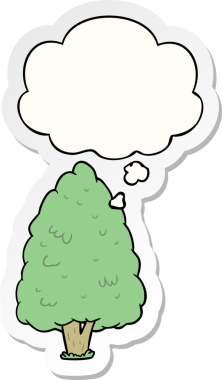 Düşünce baloncuğu insan tarafından çizilmiş bir çıkartma olan çizgi film uzun ağaç.