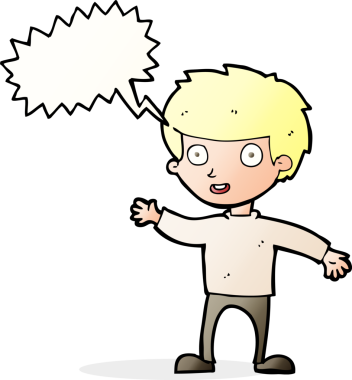 Bir insan tarafından çizilmiş konuşma balonu olan mutlu bir çocuk.