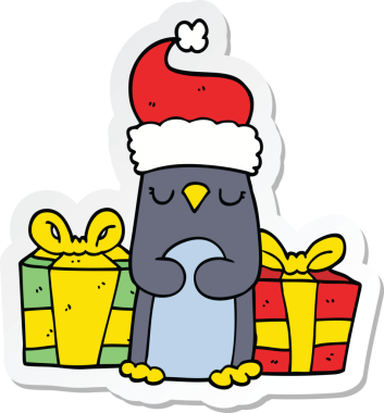 Bir insan tarafından çizilmiş şirin bir Noel pengueninin çıkartması.