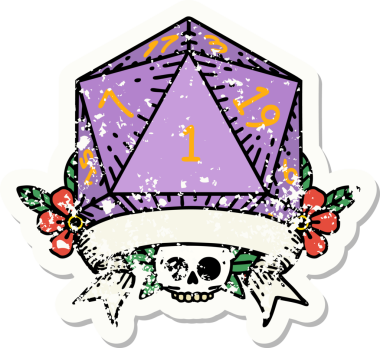 Bir insan tarafından çizilmiş doğal bir d20 zarının grunge çıkartması.