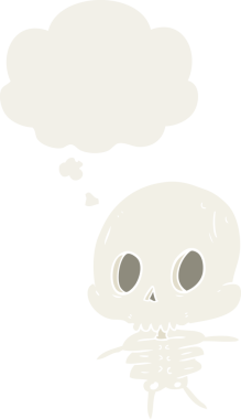 Düşünce baloncuğu olan bir insan tarafından çizilmiş bir iskelet.