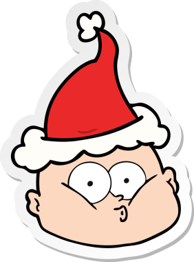 Bir insan tarafından çizilmiş Noel Baba şapkası giyen meraklı kel bir adamın el yazısı.