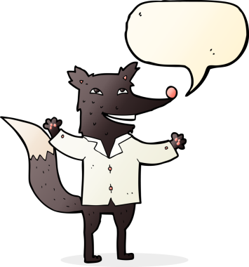 Bir insan tarafından çizilmiş konuşma balonlu tişört giyen mutlu kurt çizgi filmi.