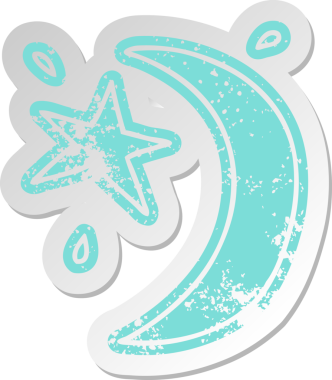 Dertli eski bir ay karikatürü çıkartması ve bir insan tarafından çizilmiş bir yıldız.