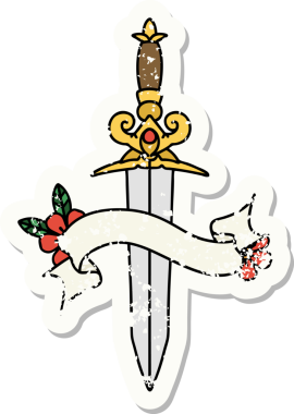 Bir insan tarafından çizilmiş bir hançerin bayrağı olan eski bir etiket.