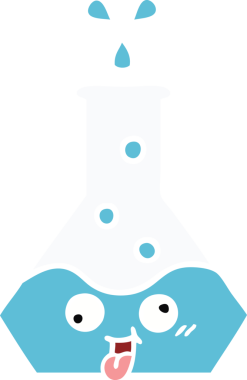 Bir insan tarafından çizilmiş bir bilim şişesinin düz renkli retro karikatürü