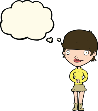 Bir insan tarafından çizilmiş düşünce baloncuğu olan çizgi film dostu kadın.