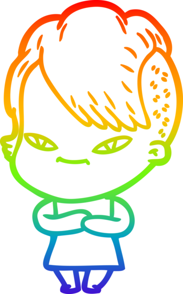 Gökkuşağı gradyan çizimi. Hipster saç kesimi bir insan tarafından çizilmiş şirin bir çizgi film kızı.