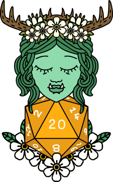 Retro Dövme Biçimi Yarı Ork Druid Bir insan tarafından çizilmiş 20 zar ile