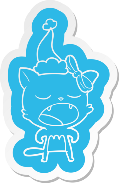 Bir insan tarafından çizilmiş Noel Baba şapkası giymiş kedi miyavlıyor.