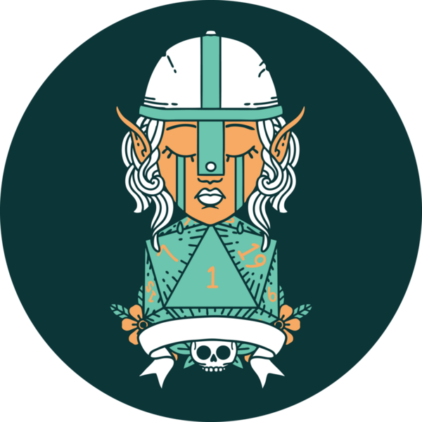 Ağlayan elf dövüşçüsü karakteri yüzü ve bir insan tarafından çizilmiş doğal bir D20 rulosu.