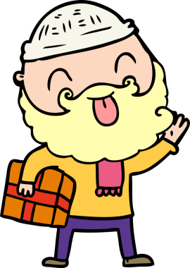 Sakallı bir adam bir insan tarafından çizilmiş Noel hediyesini taşıyor.