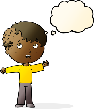 Kafasında bir insan tarafından çizilmiş düşünce balonuyla büyüyen çizgi film çocuğu.