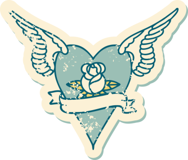 Bir insan tarafından çizilmiş çiçek ve pankartıyla uçan bir kalbin sembolik dövmeli resmi.