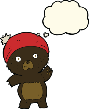 Bir insan tarafından çizilmiş düşünce baloncuğu olan sevimli çizgi film kara ayısı.