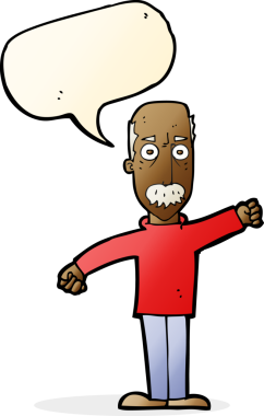 Bir insan tarafından çizilmiş konuşma balonlu kızgın yaşlı adam çizgi filmi.