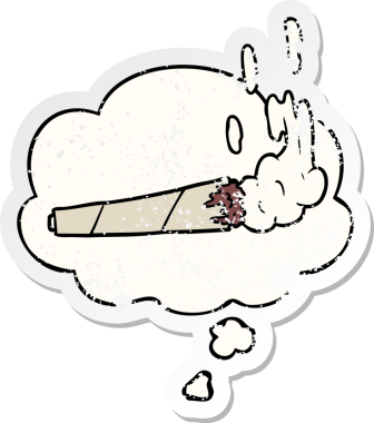 Düşünce baloncuklu çizgi film marihuanası bir insan tarafından çizilmiş yıpranmış bir çıkartma.