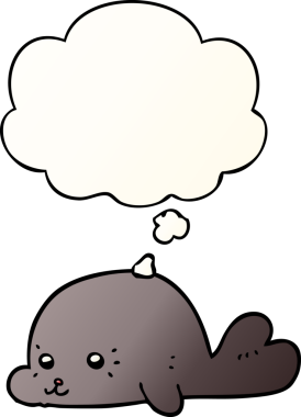 Bir insan tarafından çizilmiş yumuşak eğimli düşünce baloncuklu bebek fok.