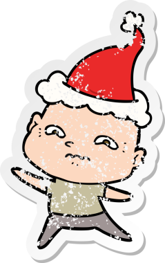 Bir insan tarafından çizilmiş Noel Baba şapkası giymiş gergin bir adamın el yazısı.